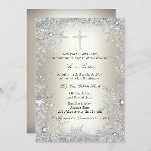 Gold Silver Crystal Snowflake BaptismChristening Invitation