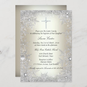 Gold Silver Crystal Snowflake Baptism/Christening Invitation