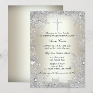 Gold Silver Crystal Snowflake Baptism/Christening Invitation