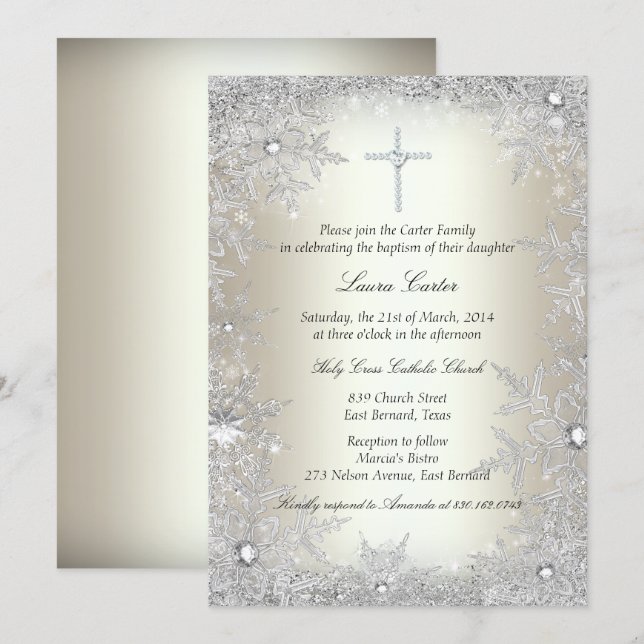 Gold Silver Crystal Snowflake Baptism/Christening Invitation (Front/Back)