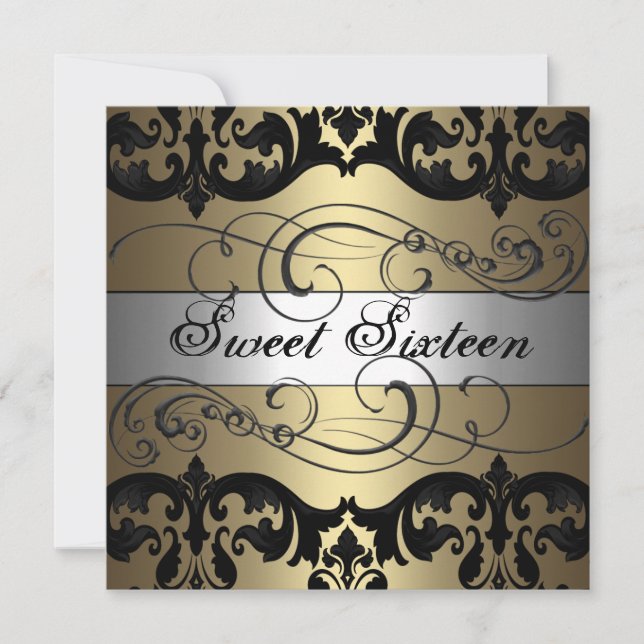 Gold & Silver Damask Sweet 16 Birthday Invitation (Front)