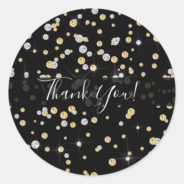 Gold & Silver Diamond Bling Confetti Black Favor Classic Round Sticker (Front)