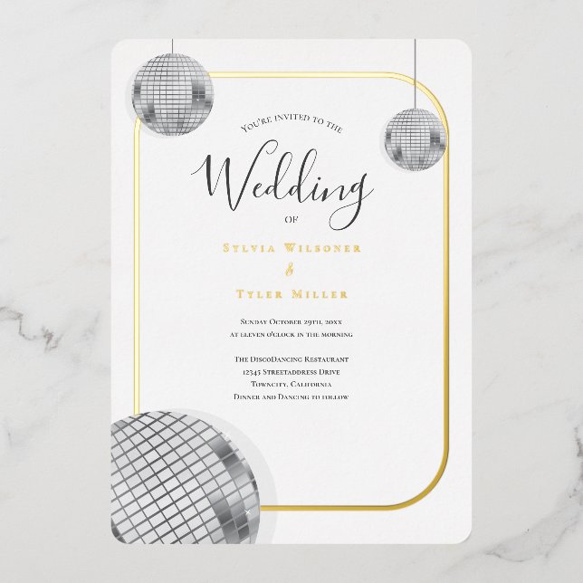 Gold Silver Disco Retro Wedding Foil Invitation (Front)
