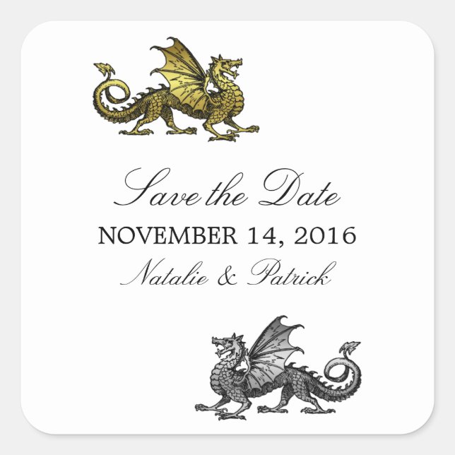 Gold Silver Dragon Save the Date Stickers (Front)