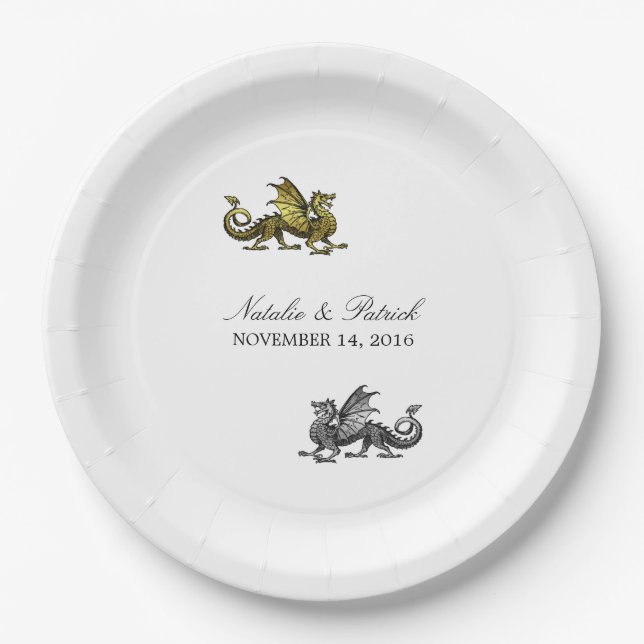 Gold Silver Dragon Wedding Paper Plates (Front)