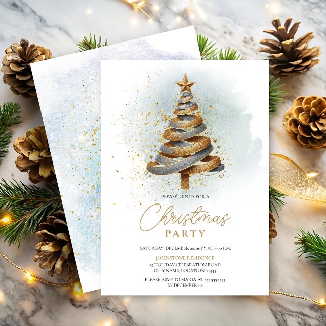 Gold Silver Faux Glitter Tree Christmas Party Invitation (Gold and silver faux glitter ribbon tree Christmas Party invitation front and back view.)