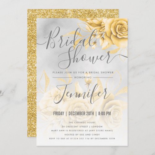 Gold Silver Floral Glitter Bridal Shower Invitation