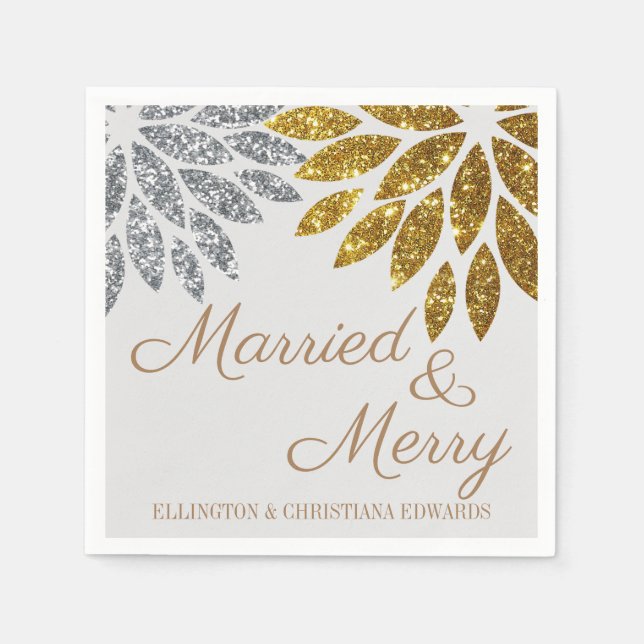 Gold Silver Floral Married and Merry Christmas Napkins (Front)