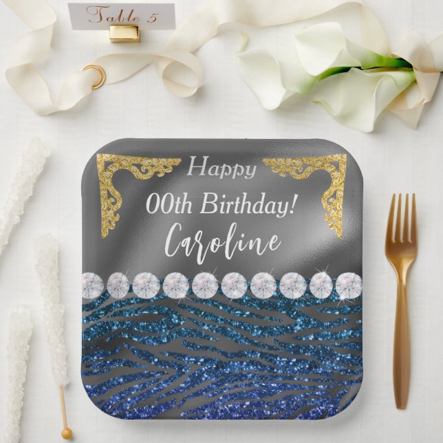 Gold Silver Foil & Dark Blue Zebra Print Birthday Paper Plates (Wedding)