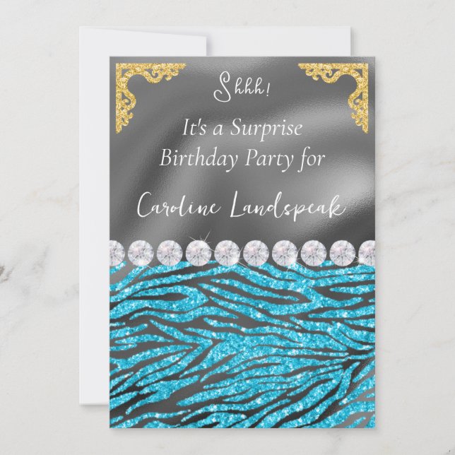 Gold Silver Foil Light Blue Zebra Print Birthday Invitation (Front)
