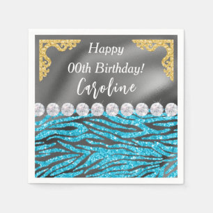 Gold Silver Foil & Light Blue Zebra Print Birthday Napkins