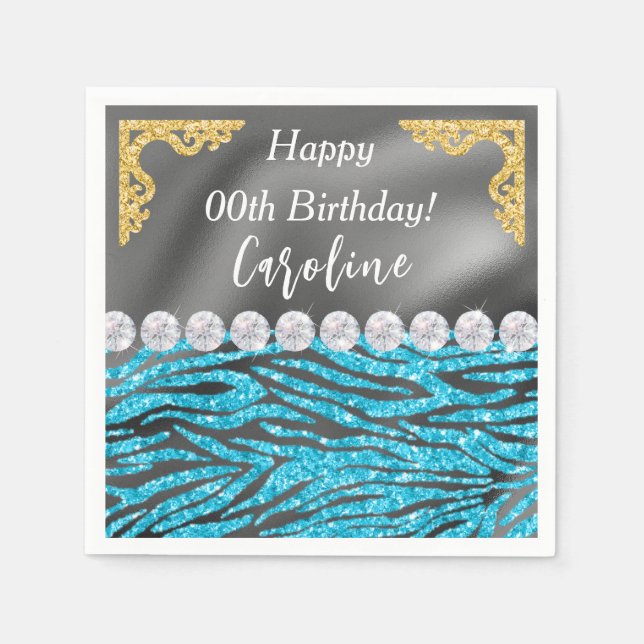 Gold Silver Foil & Light Blue Zebra Print Birthday Napkins (Front)
