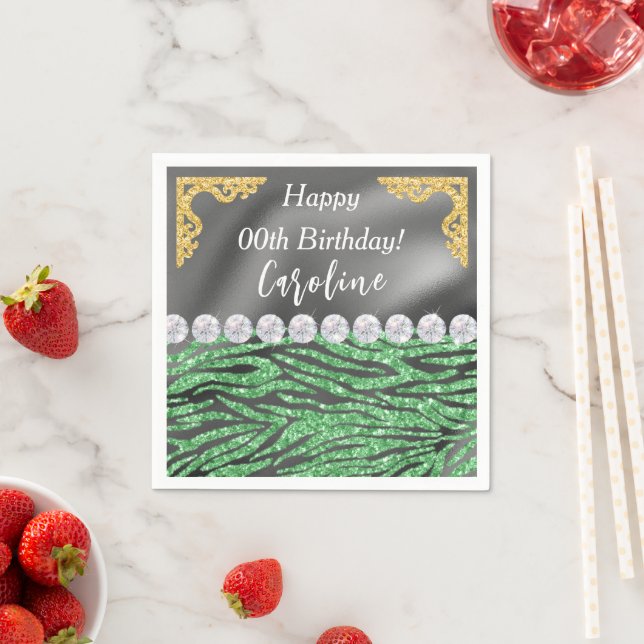 Gold Silver Foil  Light Green Zebra Print Birthday Napkins (Insitu)