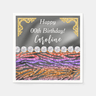 Gold Silver Foil & Orange Zebra Print Birthday Napkins