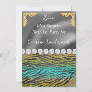 Gold Silver Foil & Teal Green Zebra Print Birthday Invitation