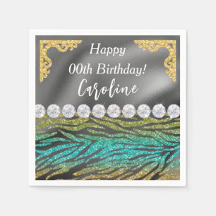 Gold Silver Foil & Teal Zebra Print Birthday Napkins