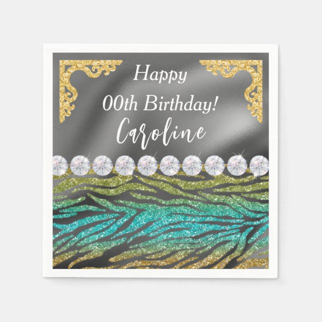 Gold Silver Foil & Teal Zebra Print Birthday Napkins (Front)