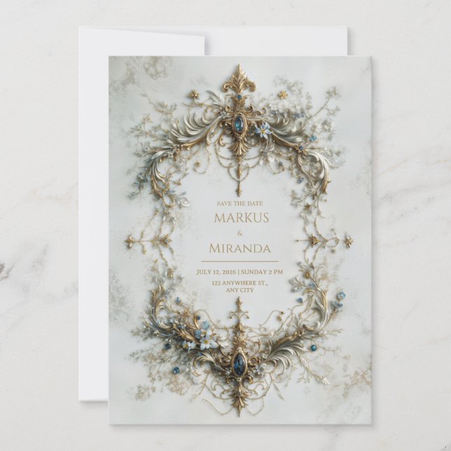 Gold Silver Frame Blue Gemstone Baroque Wedding Invitation (Front)