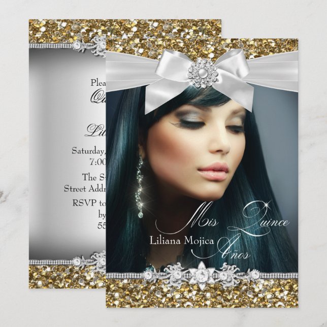 Gold Silver Glitter Bow Photo Quinceanera Invite (Front/Back)