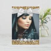 Gold Silver Glitter Bow Photo Quinceanera Invite (Standing Front)