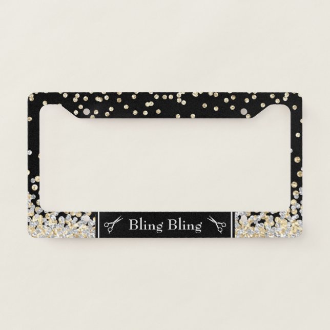 Gold Silver Glitter Confetti Scissors Black Custom License Plate Frame (Front)