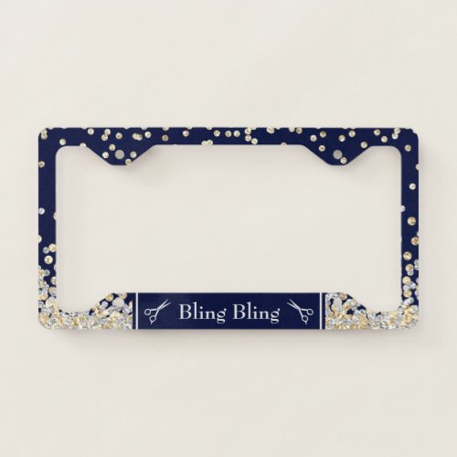 Gold Silver Glitter Confetti Scissors Navy Custom License Plate Frame