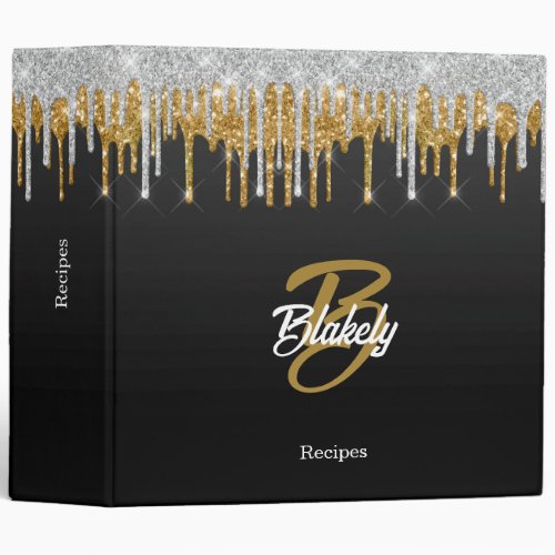 Gold Silver Glitter Drip Monogram Sparkle on Black 3 Ring Binder