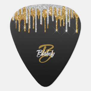 Gold Silver Glitter Drip Monogram Sparkle on Black Guitar Pick