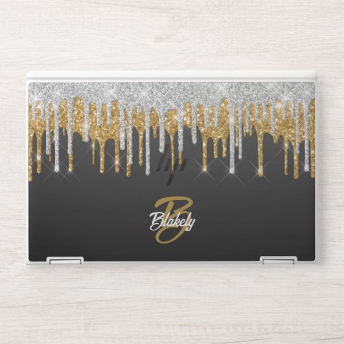 Gold Silver Glitter Drip Monogram Sparkle on Black HP Laptop Skin