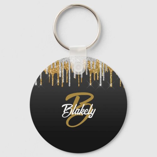 Gold Silver Glitter Drip Monogram Sparkle on Black Keychain
