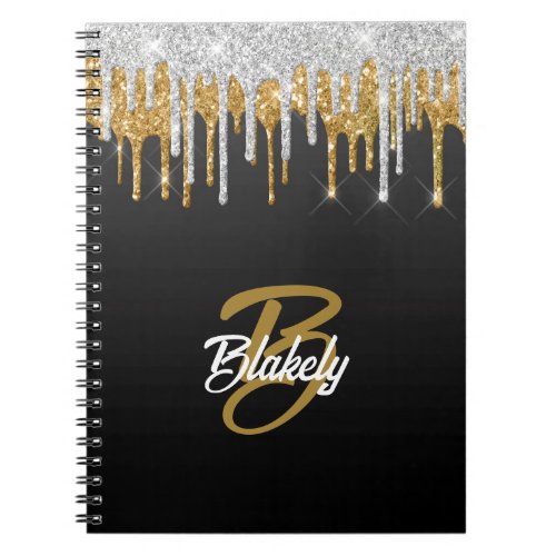 Gold Silver Glitter Drip Monogram Sparkle on Black Notebook
