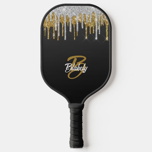 Gold Silver Glitter Drip Monogram Sparkle on Black Pickleball Paddle (Front)