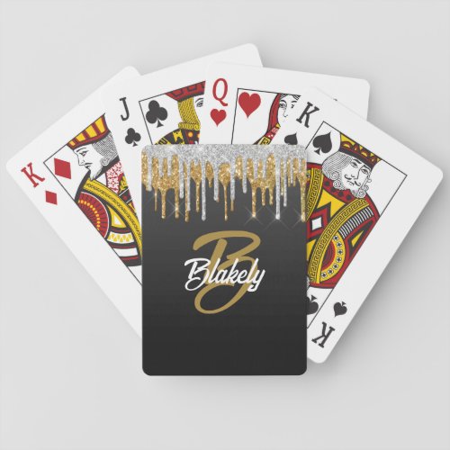 Gold Silver Glitter Drip Monogram Sparkle on Black Poker Cards