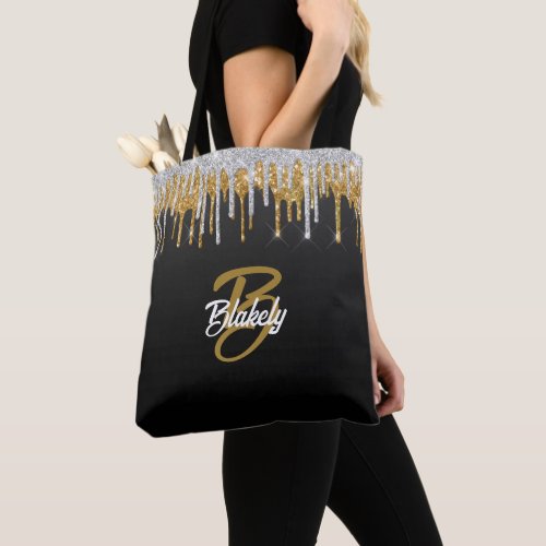 Gold Silver Glitter Drip Monogram Sparkle on Black Tote Bag