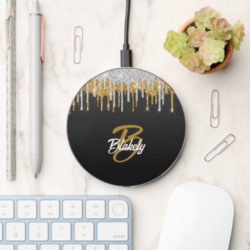 Gold Silver Glitter Drip Monogram Sparkle on Black Wireless Charger