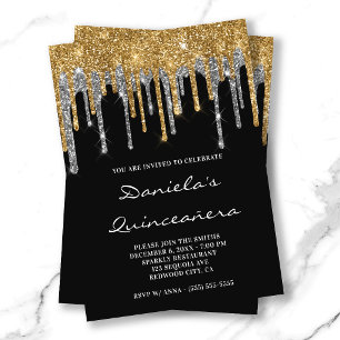 Gold Silver Glitter Drips Black Quinceañera Invitation