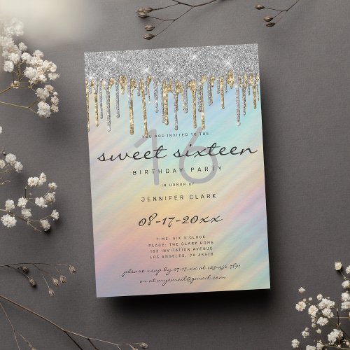 Gold Silver Glitter Drips Holographic Sweet 16 Invitation