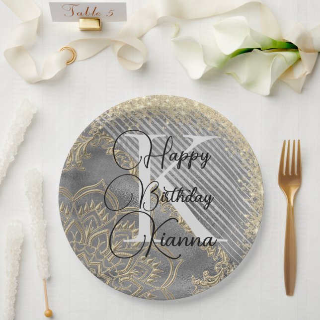 Gold SIlver Glitter Mandala Monogram Birthday     Paper Plates (Wedding)