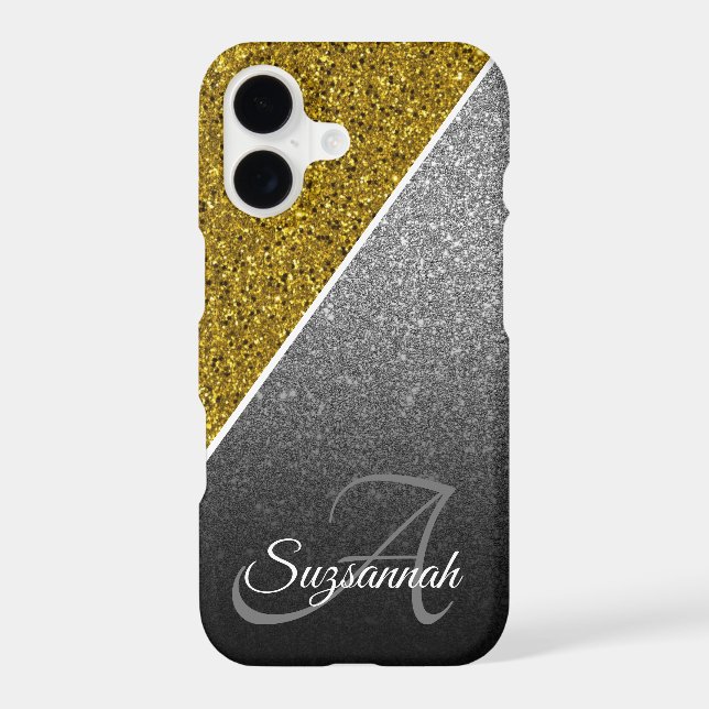 Gold Silver Glitter Ombre Chic Name Monogram  iPhone Case (Back)