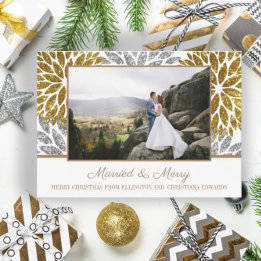 Gold Silver Glitter Photo Newlyweds Married Merry Holiday Card