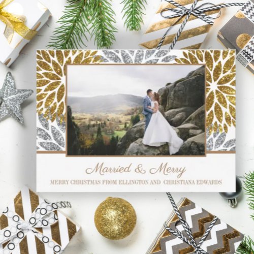 Gold Silver Glitter Photo Newlyweds Married Merry Holiday Card