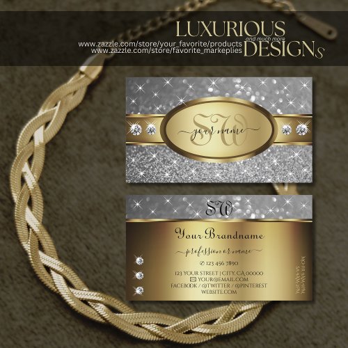 Gold Silver Glitter Sparkle Stars Jewels Initials Business Card