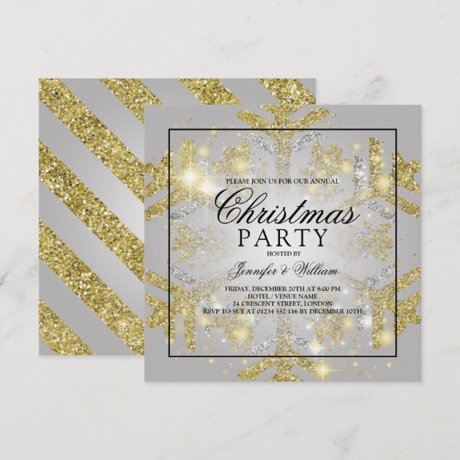 Gold & Silver Glitter Xmas Holiday Party Invitation (Front/Back)
