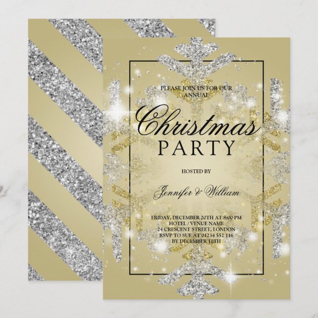 Gold & Silver Glitter Xmas Holiday Party Invitation (Front/Back)