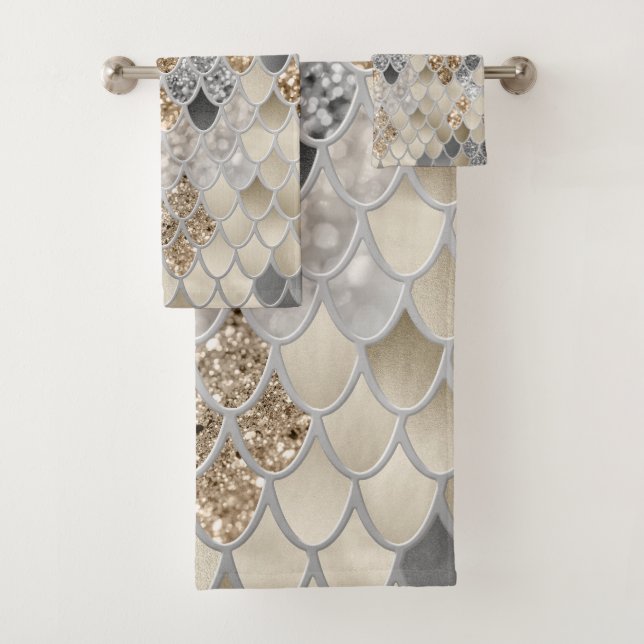 Gold Silver Gray Mermaid Scales Glam #1  Bath Towel Set (Insitu)