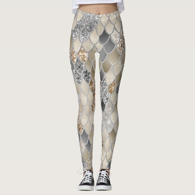 Gold Silver Gray Mermaid Scales Glam #1  Leggings (Front)