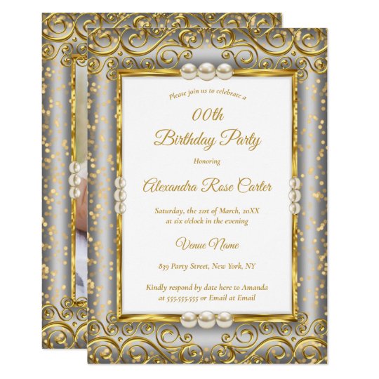 Gold Silver Gray White Pearl Photo Birthday Party Invitation | Zazzle.com