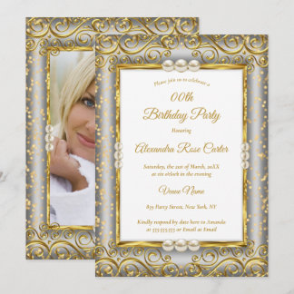 Gold Silver Gray White Pearl Photo Birthday Party Invitation