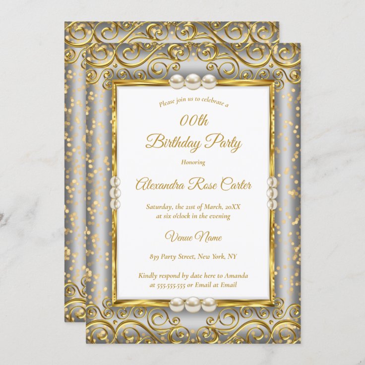 Gold Silver Gray White Pearl Photo Birthday Party Invitation | Zazzle