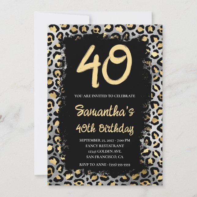 Gold Silver Leopard Painted Black 40th Birthday Invitation (Front)